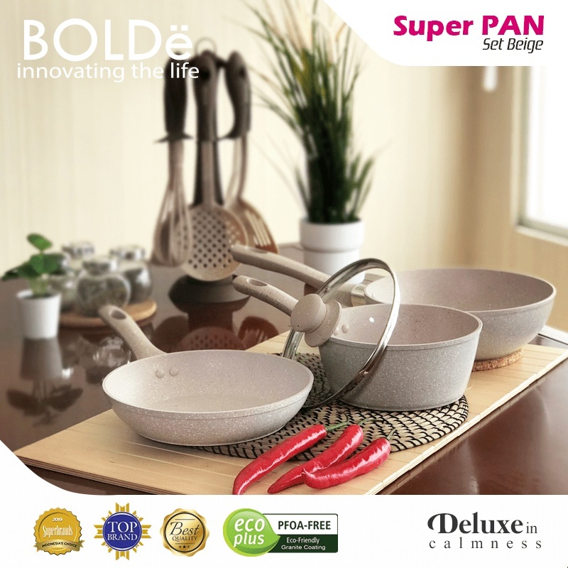 BOLDe Set Wajan / Super Pan Set Beige BOLDe Super PAN Granite 3+1 pcs set BEIGE Panci Keramik Anti L