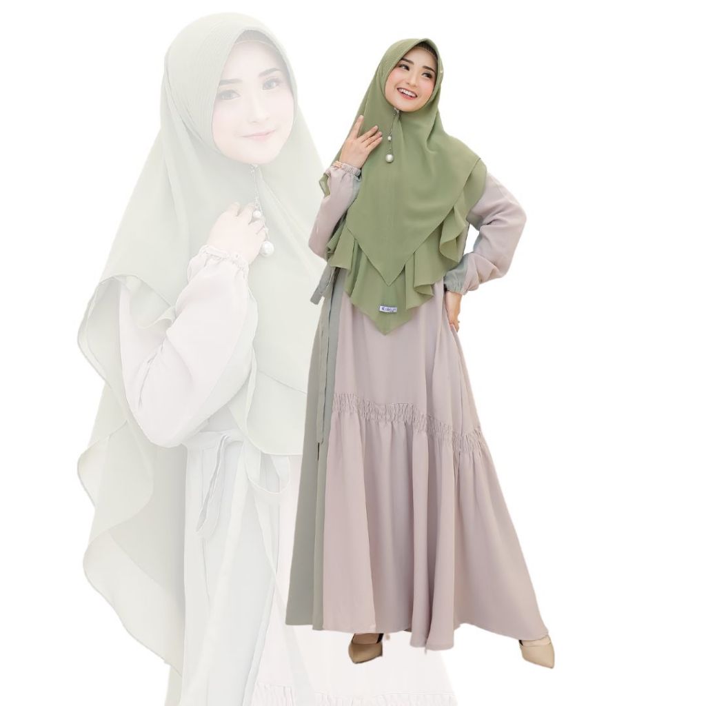 SUKAHIJAB - Hasana Dress Gamis Wanita Terbaru Kekinian Ori Jumbo Busui Respan Remaja Sage Green Khak