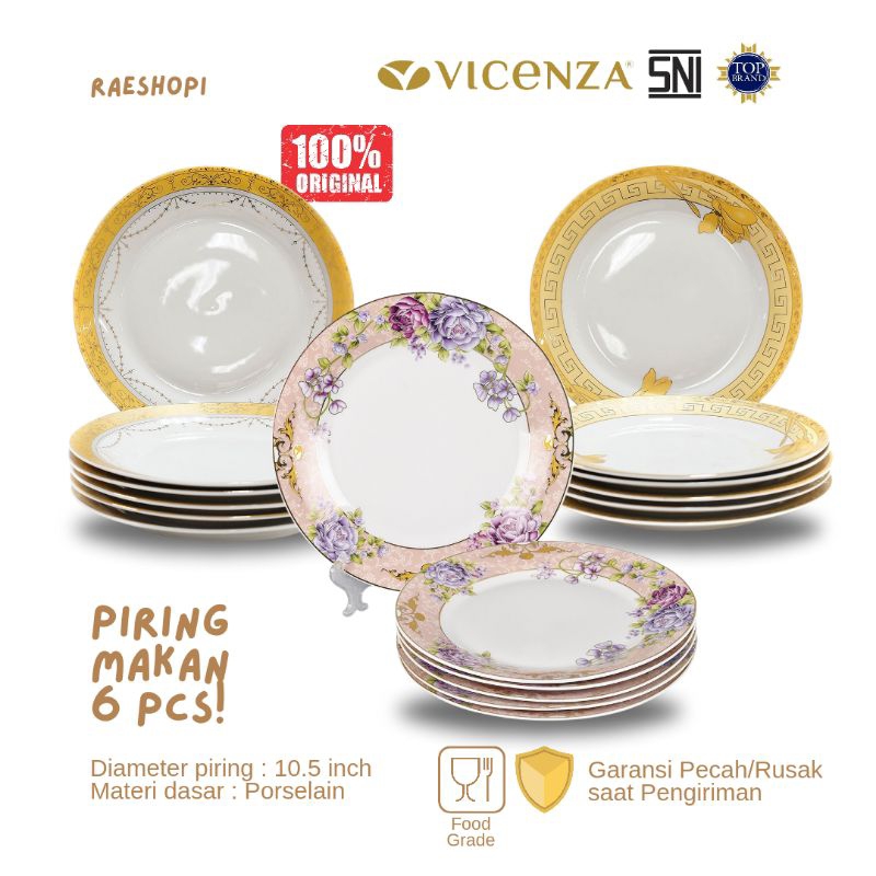 Vicenza Piring Makan 10.5 Inch 6 piring B16 motif Padi/Lily/Camelia/Magnolia/Lolli/Gardenia/Poppy/Ay
