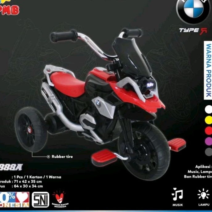 (Free pelapis ban+ Bubble)  Sepeda Motor Anak PMB MOTOR TYPE 888-A (GOWES) 888 (AKI Baterai) Mainan 