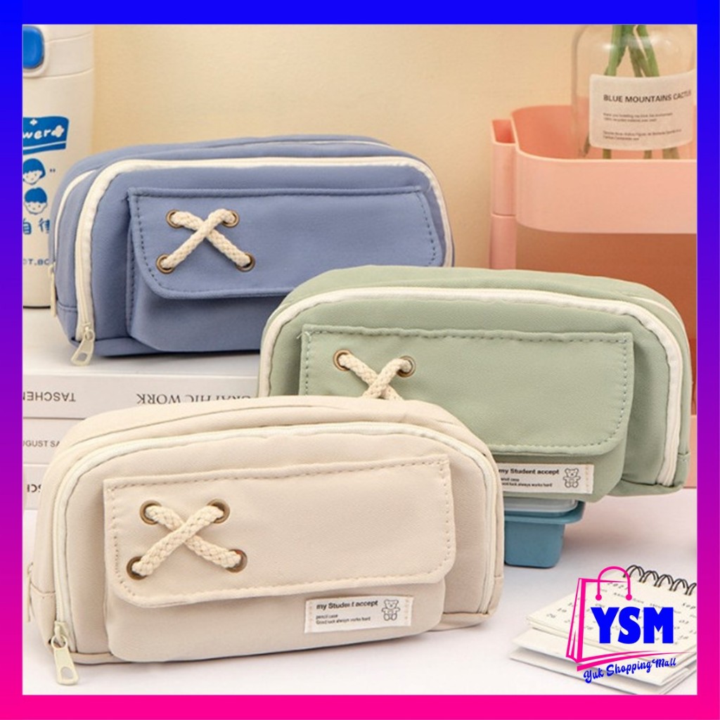 

YSM Tempat Pensil Model Pita Silang Kotak Pensil Tali Rami Ritsleting Ganda Bahan Kanvas Pouch Tempat Alat Tulis Perlengkapan Sekolah Kantor Dua Sisi Resleting
