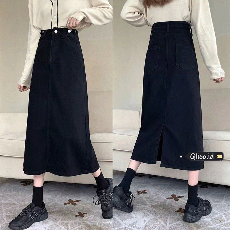 Rok denim wanita korea rok long skirt kembali membelah/Rok denim Hitam/rok skirt