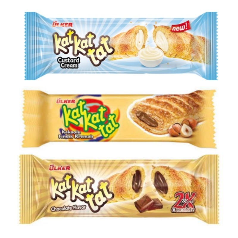 

Ready stok (bisa COD) Kat Kat Tat, puff pastry, Kat Kat Tat rasa Chocolate, Custard, Hazelnut x2