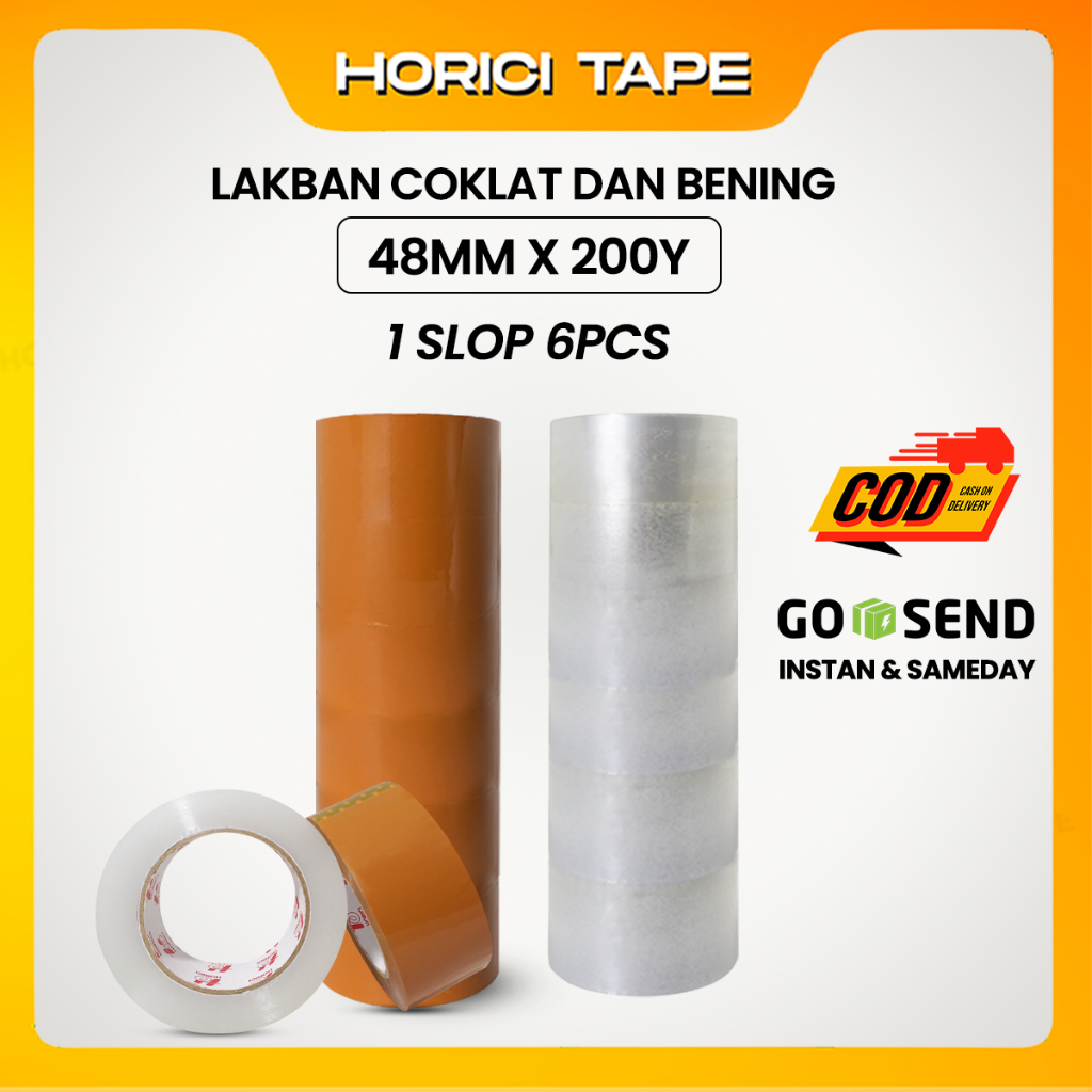 

HORICI 1 SLOP ISI 6 PCS 48MM*200Y TAPE MURAH SUPER CLEAR LAKBAN BENING DAN COKLAT TAPE