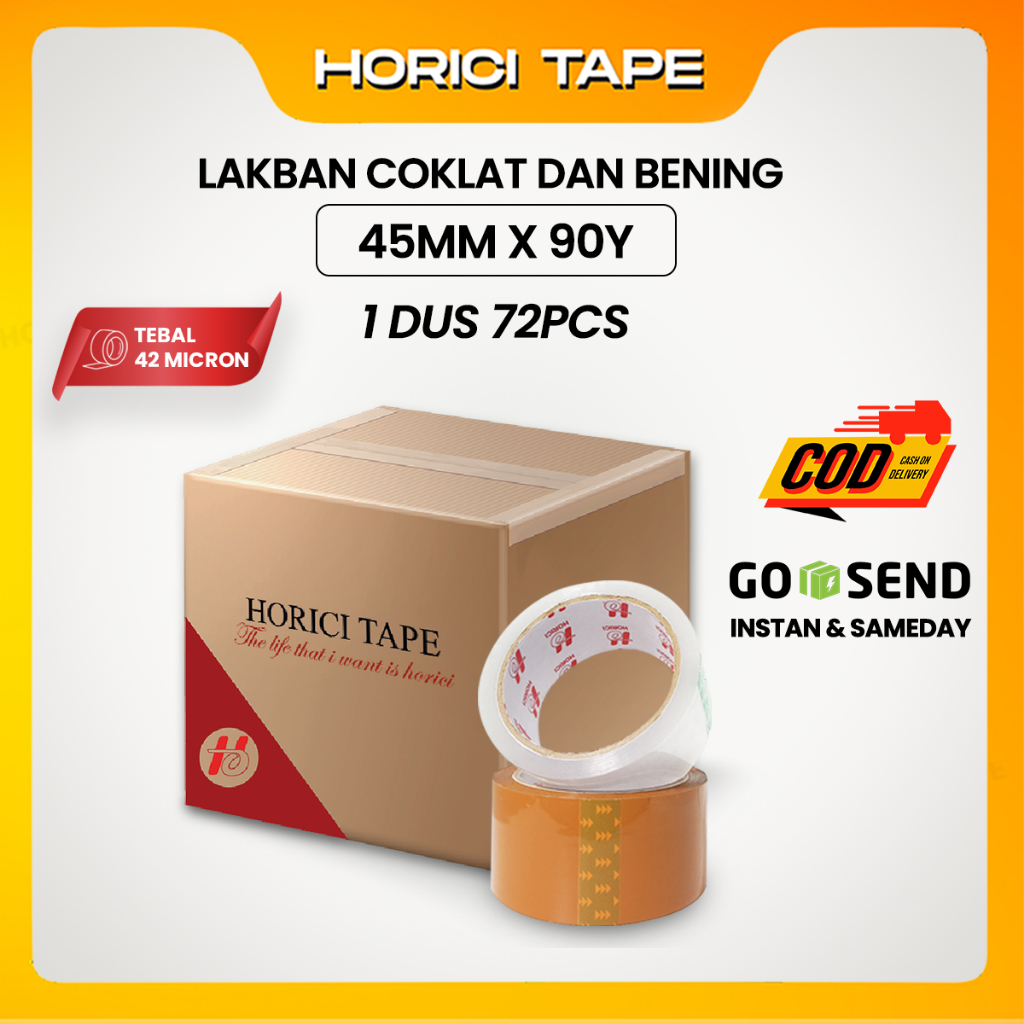 

HORICI 1 Dus Lakban Bening Dan Coklat 45MM x 90Y 42 Micron 72Pcs Tersedia Grosir dan Instan