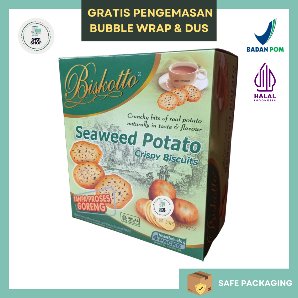 

Biskotto Seaweed Potato Crispy Biscuits 360gr Box - Biskitop Biskuit Kentang Rasa Rumput Laut Gurih Renyah Snack Cemilan Murah Enak