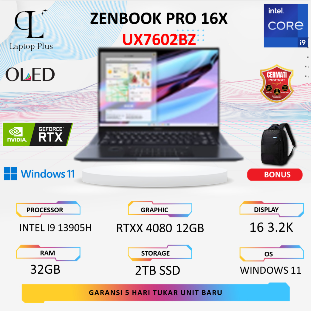Laptop Asus Zenbook Pro 16X OLED UX7602BZ RTX 4080 12GB I9 13905H 32GB 2TB 3.2K 120HZ Win 11 + Office