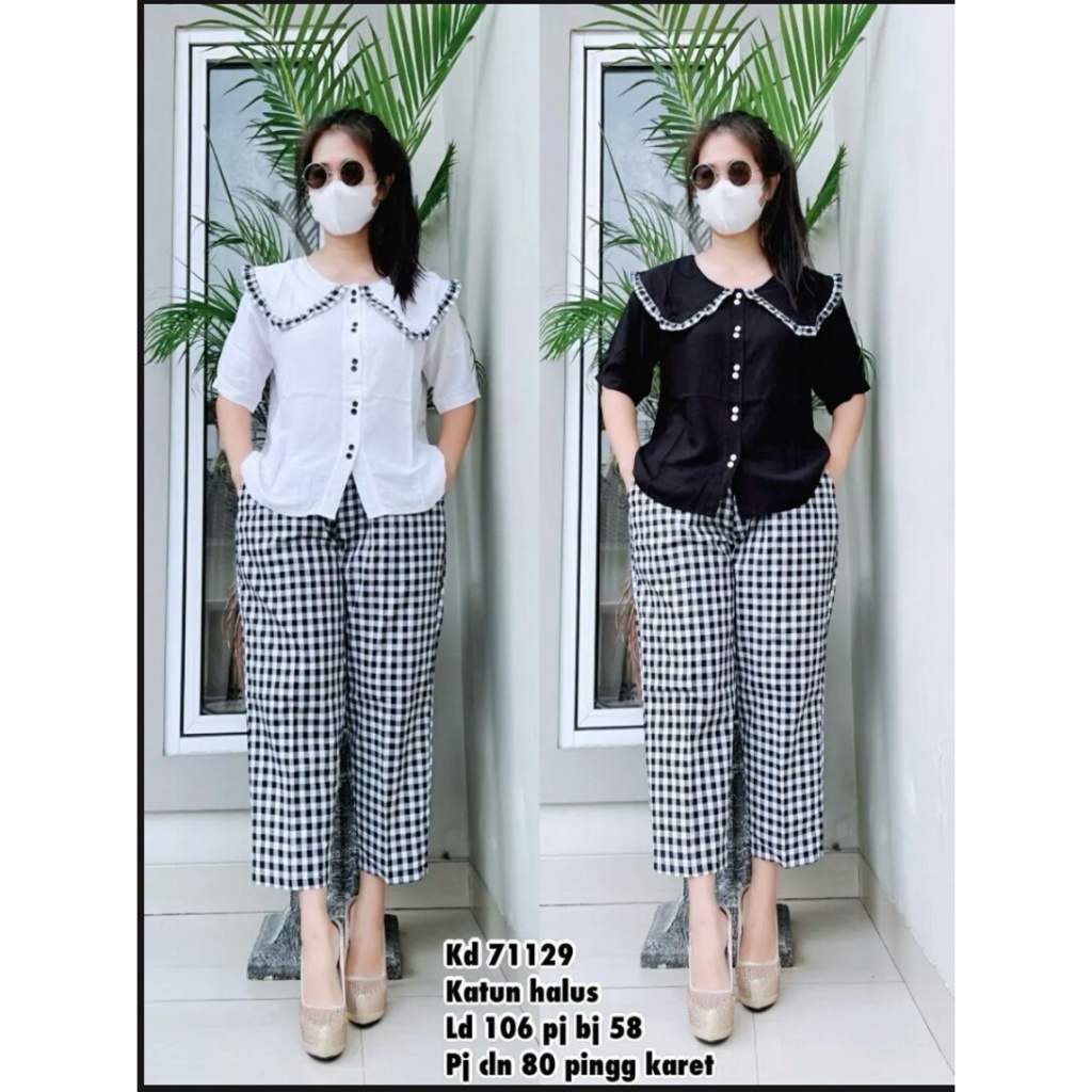 one set MONA setcel setelan 2in1 katun kotak kombinasi crinkle air flow premium pakaian wanita untuk