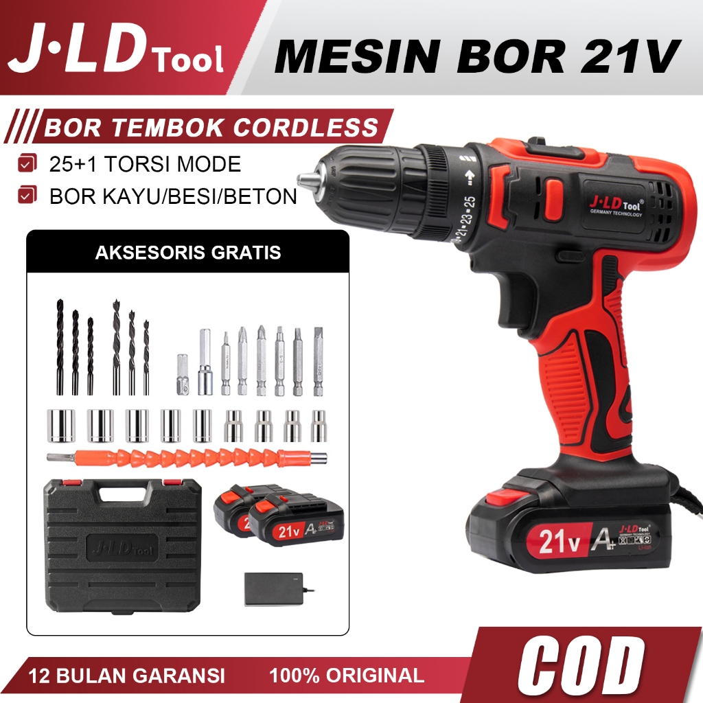 JLD 21Vf Mesin Bor Baterai Bor Cas Jld 2 Batre Lengkap Koper Portable 25+1 Bor Cordless Bor Case Cor