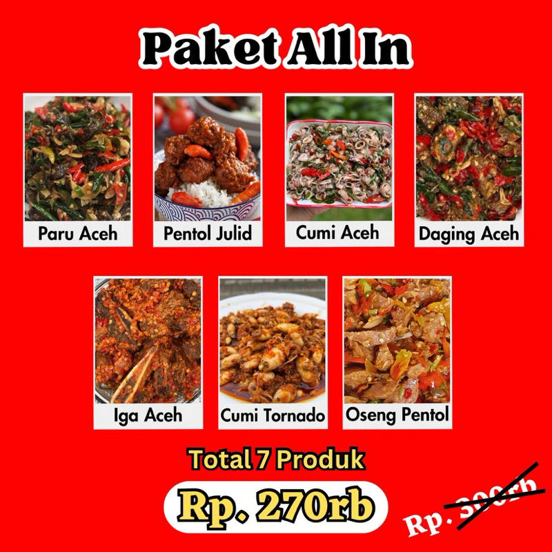 

Paket All in - 7 Produk - (Paru Aceh, Pentol Julid, Cumi Aceh, Daging Aceh, Iga Aceh, Cumi Tornado, Oseng Pentol)/ COD / Kirim Seluruh Indonesia / Rempah Lady / Lauk Siap Saji / 125gr, 250gr, 125gr, 125gr, 170gr, 125gr, dan 125gr