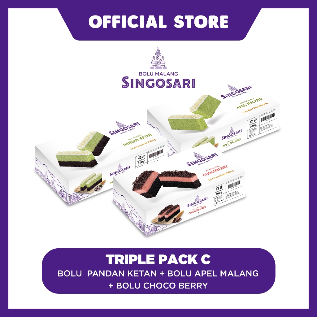 

Triple Pack C (Bolu Malang Singosari - Pandan Ketan + Apel Malang + Choco Berry)