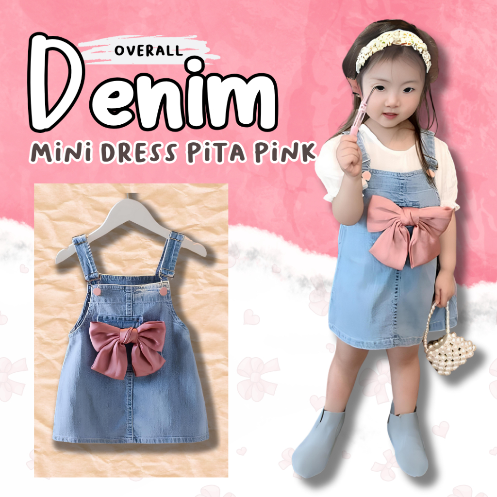 MaQueen Official 1-7 Tahun Overall Anak Denim Jeans Pita Pink Perempuan Soft Mini Dress Import