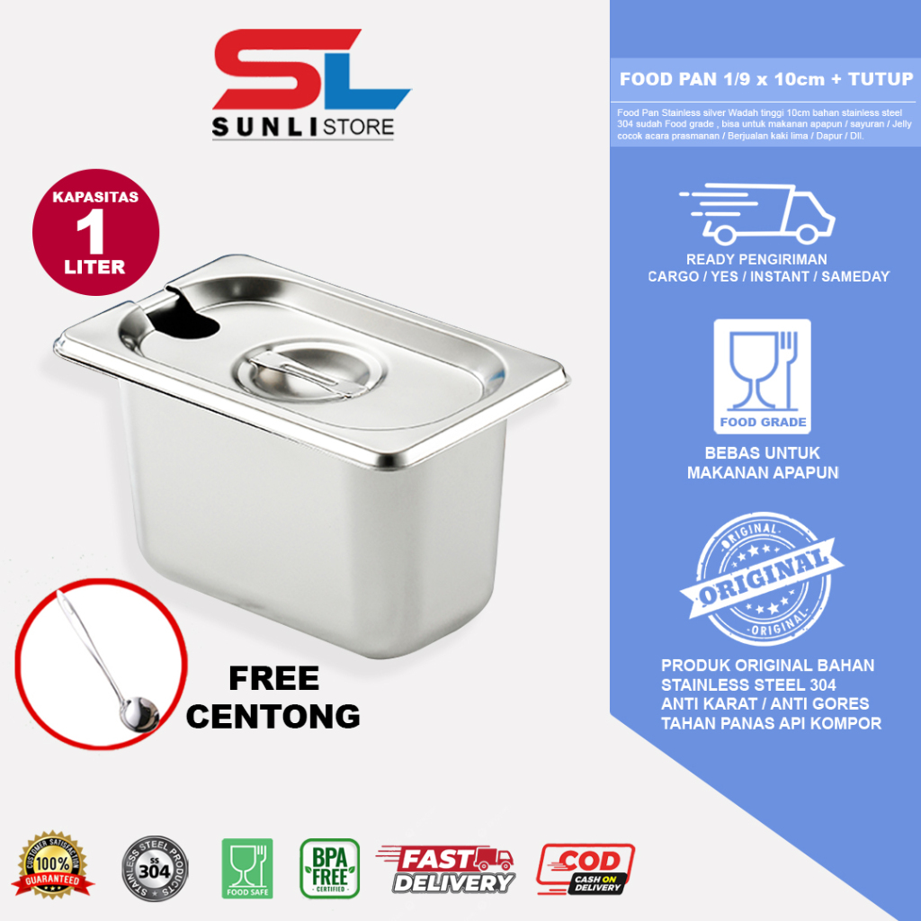 SUNLI - Food pan satu set 1/9 x10cm+ Tutup / food pan stainless Ukuran 1/9  / Tempat makanan stainle