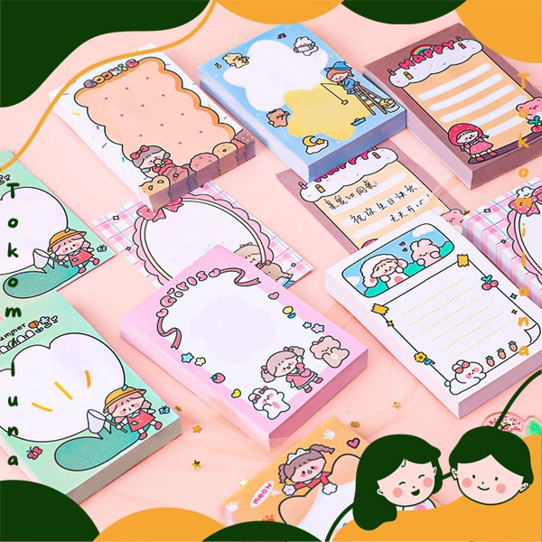 

1 set isi 80 lembar sticky notes doodle girl cute mini memo kawai lucu HB1697