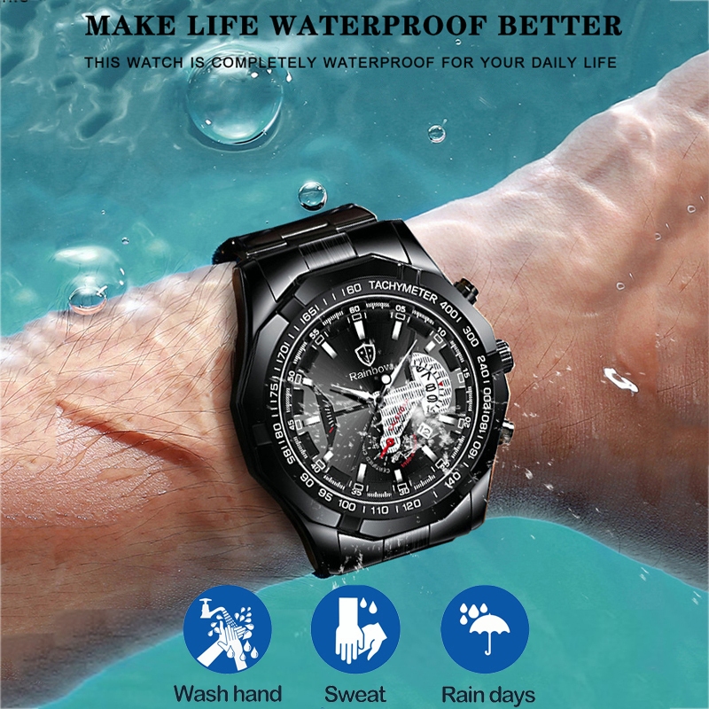 Rainbow COD Asli Jam Tangan Pria Tahan Air Anti Gores Mewah Stainless Steel Watch (Free Box + Card)-4