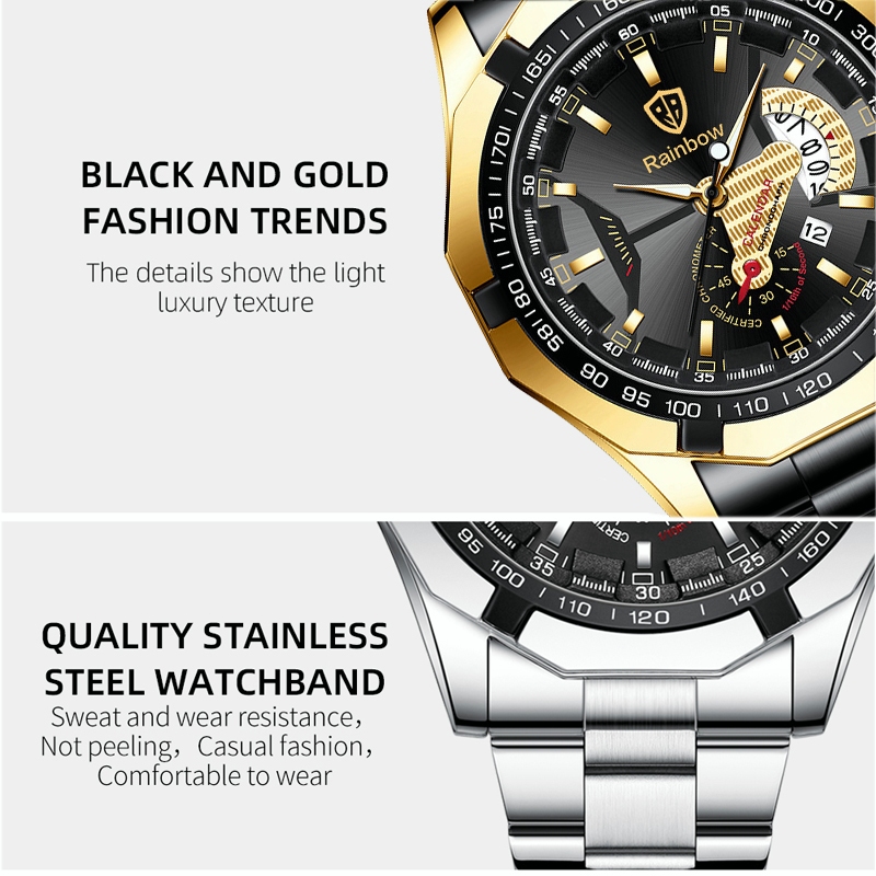 Rainbow COD Asli Jam Tangan Pria Tahan Air Anti Gores Mewah Stainless Steel Watch (Free Box + Card)-5