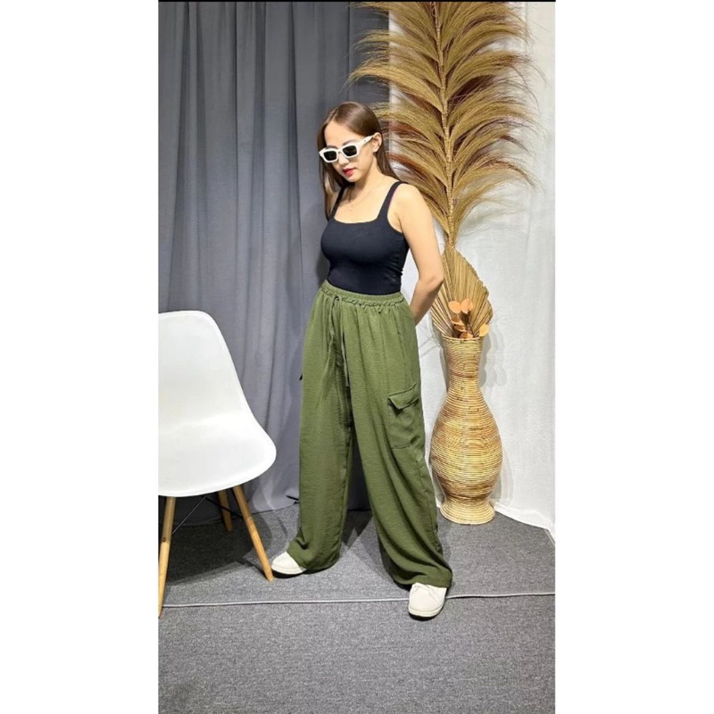 PROMOO Celana Cargo Crinkle Airflow wanita Celana Panjang Pocket Cargo Bawahan Wanita Terlaris