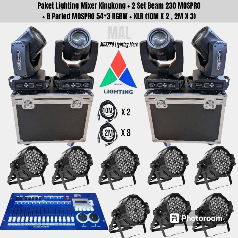 Paket Lampu Mixer Kingkong 256 + 2 Set (4Unit) Beam 230W MOSPRO + 8 Parled 54*3 MOSPRO RGBW + XLR (1
