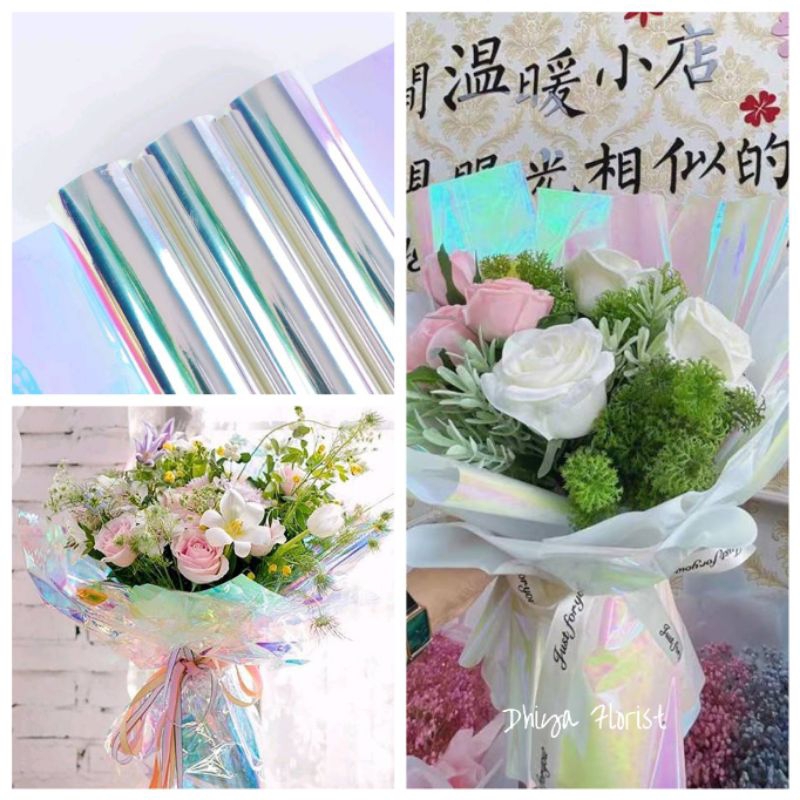 

Transparent Cellophane Holographic per roll Plastik Opp Rainbow Hologram Kertas Bunga Pelangi