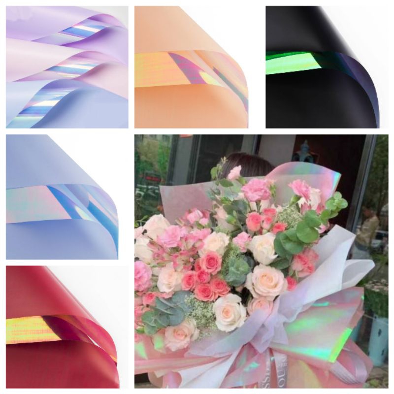 

Kertas Buket Pelangi Plastik Hologram Cellophane waterproof holographic transparent 5 lembar