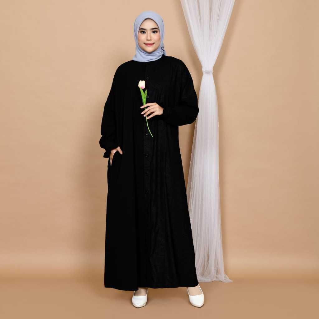 Dress Abaya Hitam Kombinasi Full Kancing Gamis Black Embos Premium
