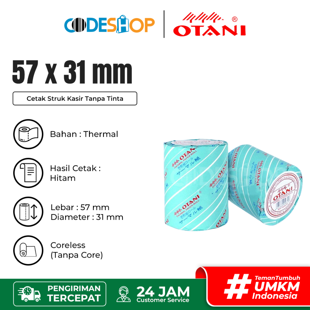 

Otani 58x31 / 58x30 Kertas Struk Termal / Thermal HITAM ( Coreless ) HITAM