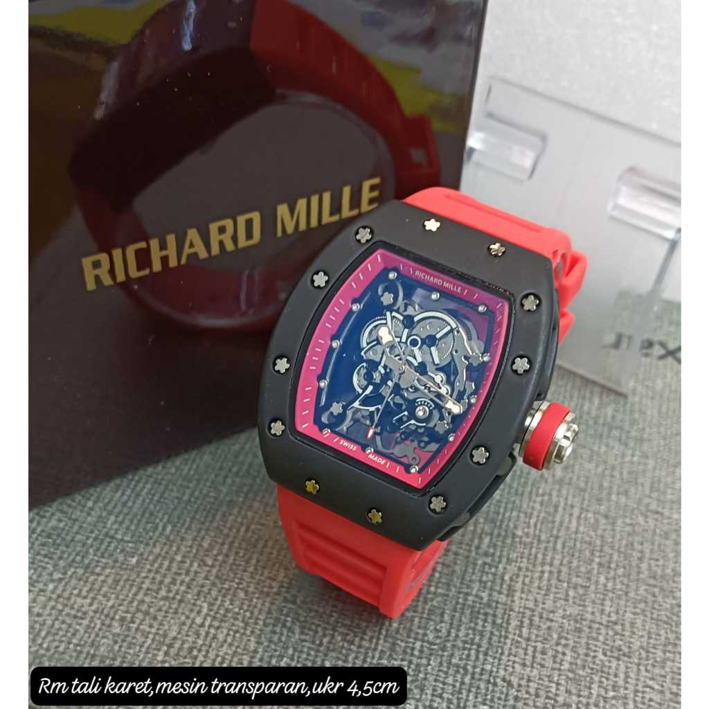 [ BISA COD ] JAM TANGAN PRIA RM ANALOG TALI KARET RUBBER MESIN TRANSPARANT DIAMETER 4,5 CM DAPAT BOX