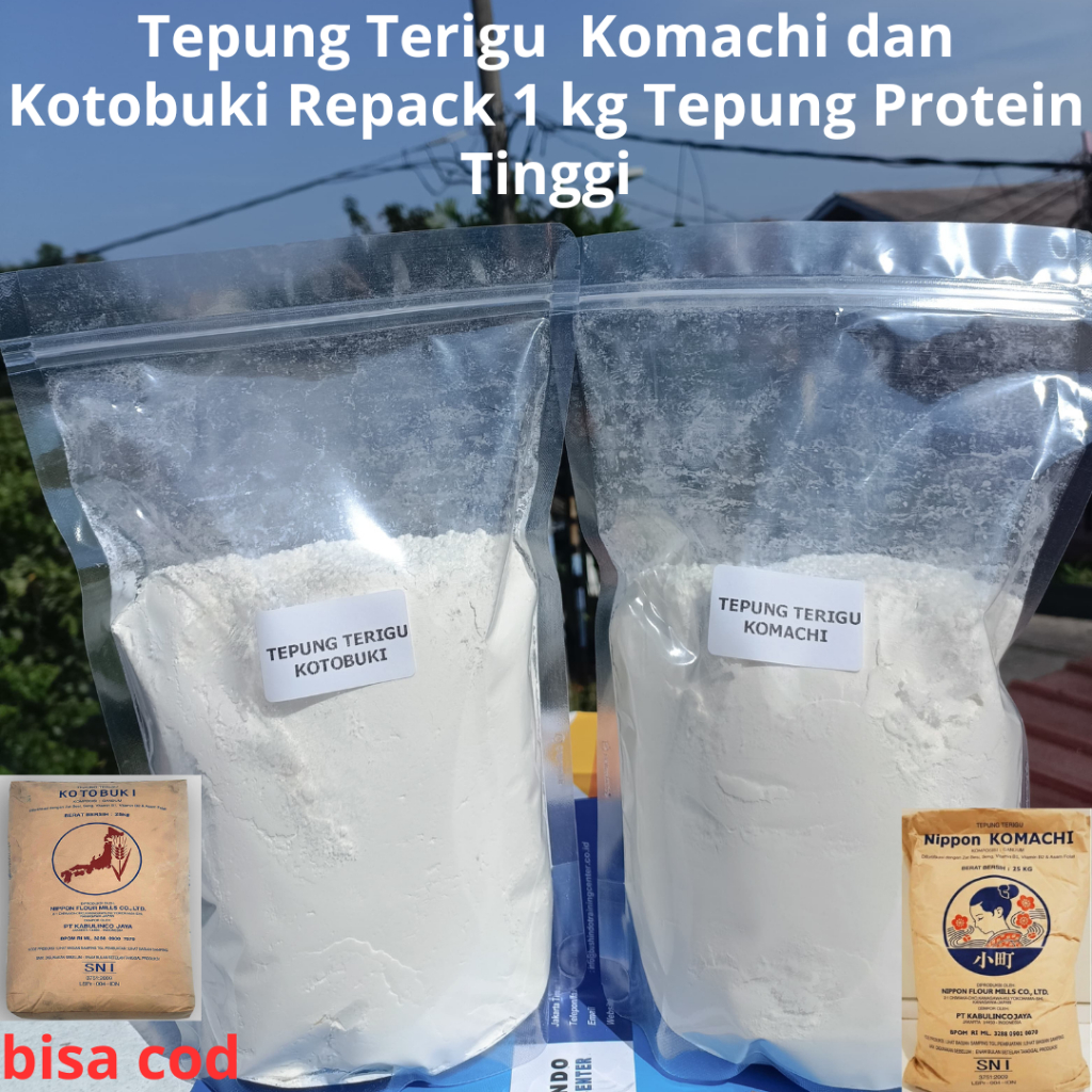 

Tepung Terigu Komachi dan Kotobuki Repack 1 kg Tepung Protein Tinggi daan protein rendah cocok untuk membuat kue