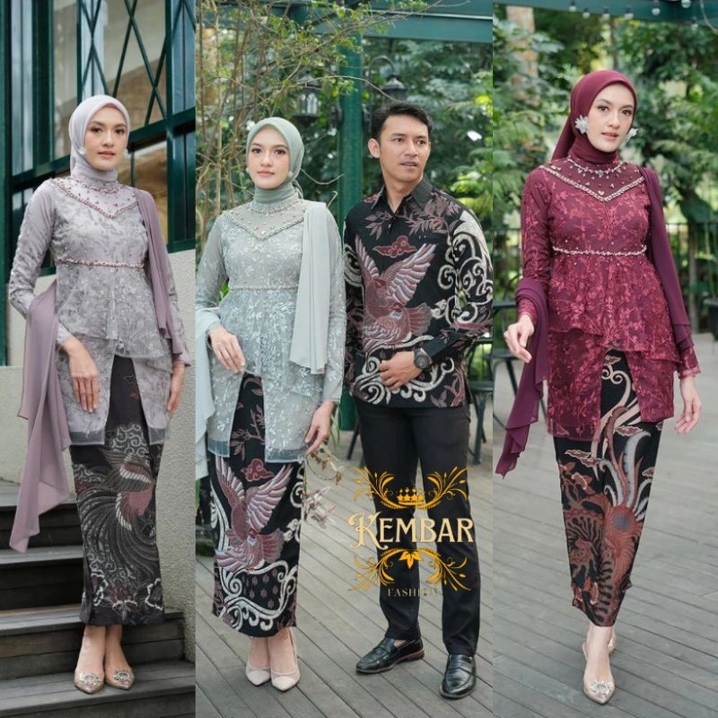 Set Couple Kebaya Kaluna Series Brokat Kombinasi Batik Kebaya Modern Wisuda Tunangan Mauve Maroon