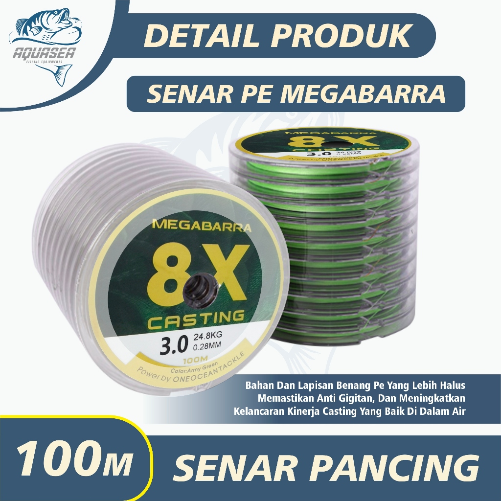 AQUASEA - Tali Pancing 100meter Senar Pancing Megabarra Japan PE Nilon 8x 100m 8 helai Senar Pancing