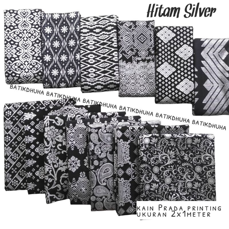 kain Prada hitam silver / kain Melayu / batik Prada silver perak
