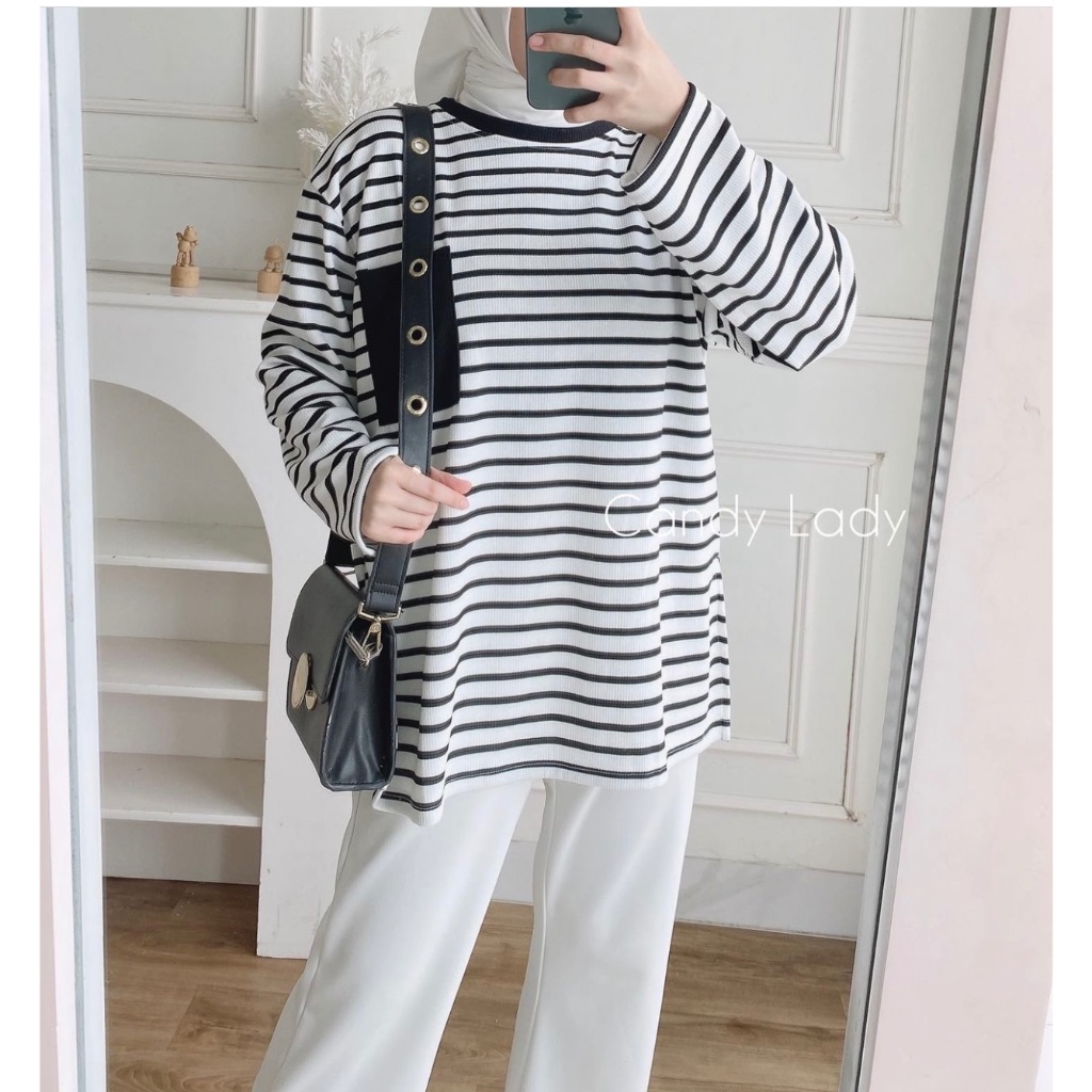 1303 atasan salur wanita jumbo kaos knit kaos jumbo wanita
