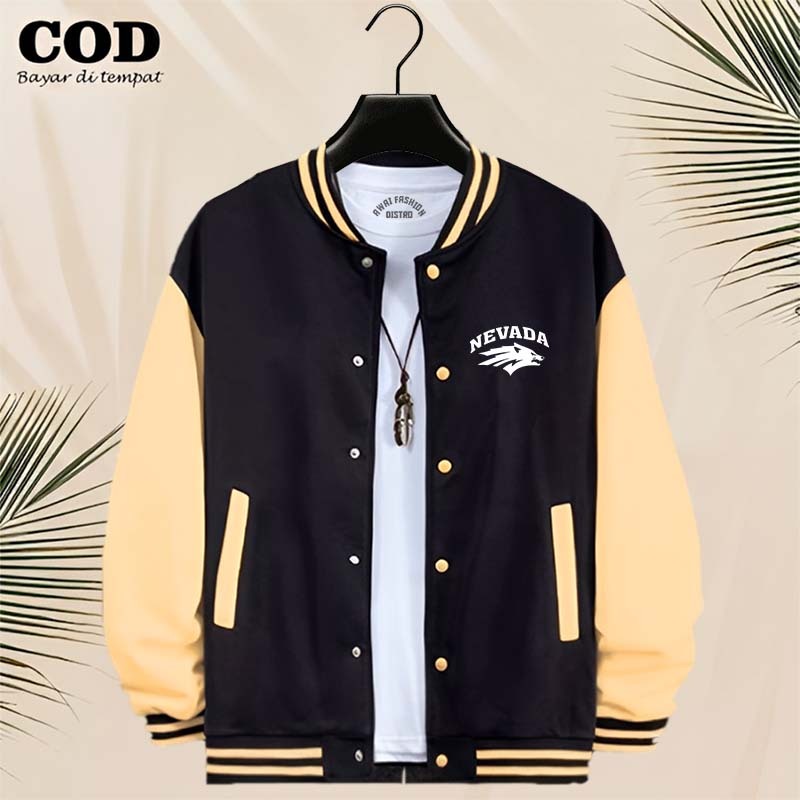 BISA COD Jaket Bomber Varsity Baseball Kancing Nevada Text Putih Jaket Varsity Pria / Baseball Distr