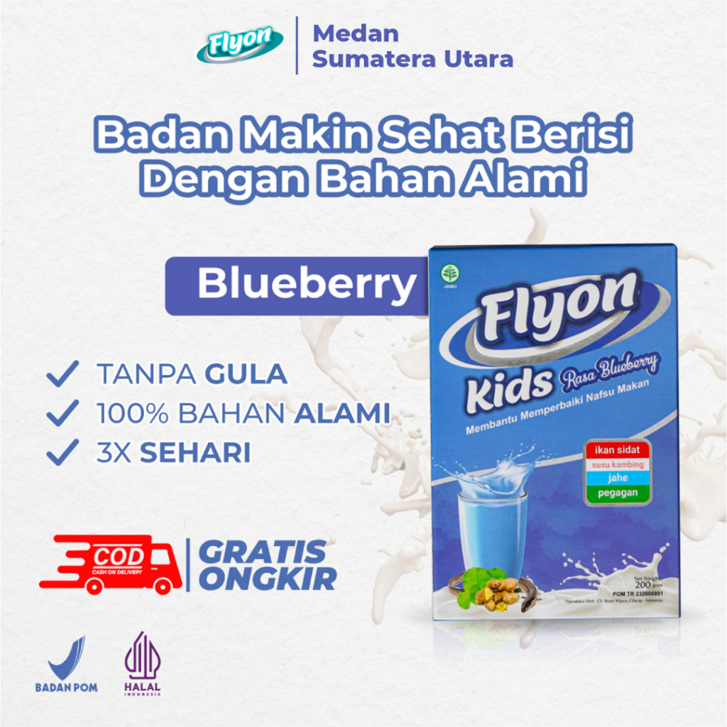 

Susu FLYON KIDS Penggemuk Badan Penambah Berat Badan Nafsu Makan Anak Sehat Berisi 1 BOX 200gr Suplemen Vitamin Nutrisi Gizi BB Booster Weight Gainer Susu Kambing Etawa Ikan Sidat Jahe Pegagan Blueberry BPOM HALAL