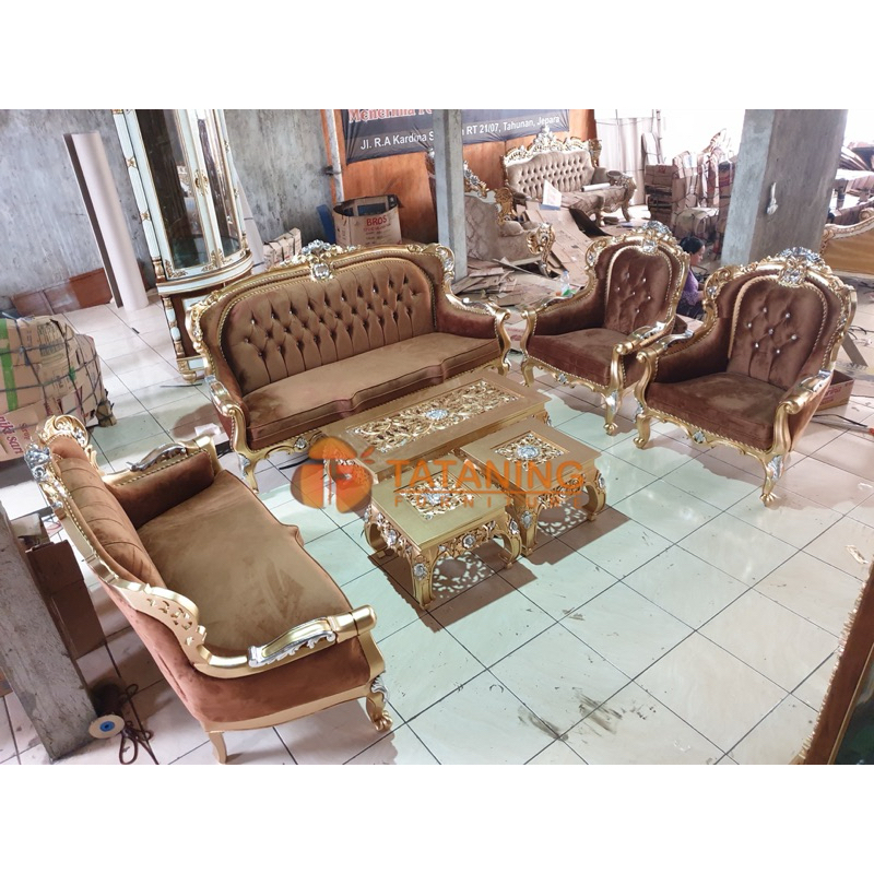 SOFA TAMU ROSELA KAYU JATI FINISHING JOK KAIN KURSI MEJA MEWAH UKIR MURAH RUANG INTERIOR DEKORASI TA