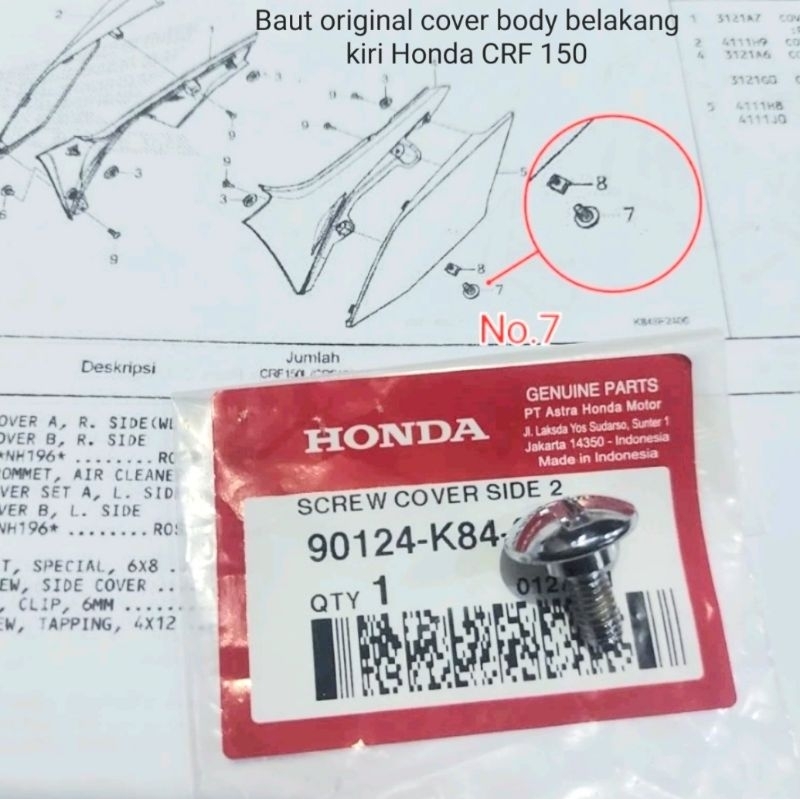 BAUT ORIGINAL UNTUK COVER BODY BELAKANG KIRI MOTOR HONDA  CRF 150 TERLARIS