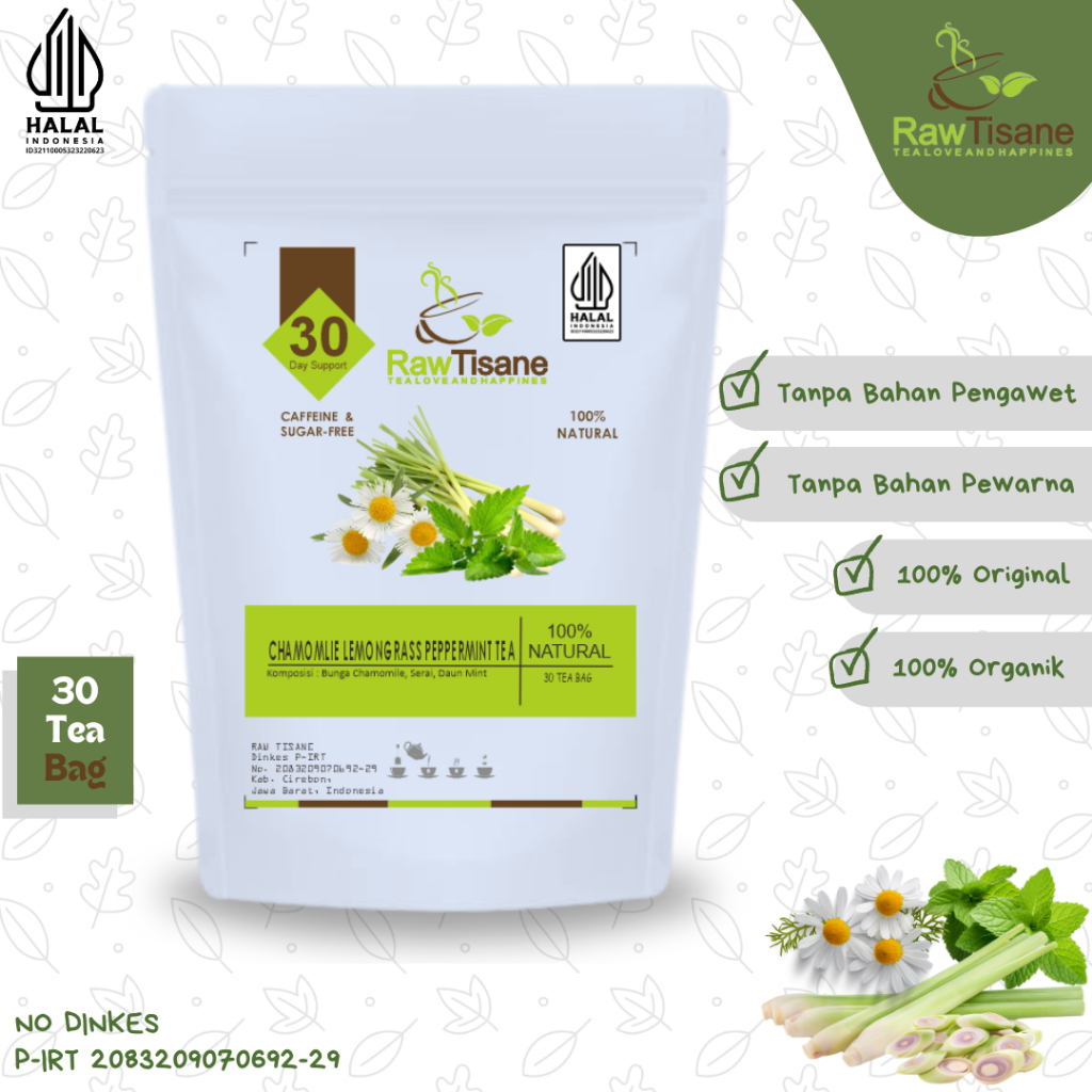 

RAW TISANE Chamomile Lemongrass Peppermint Tea : Bunga Chamomile, Daun Serai & Daun Mint Isi 30 Tea Bag