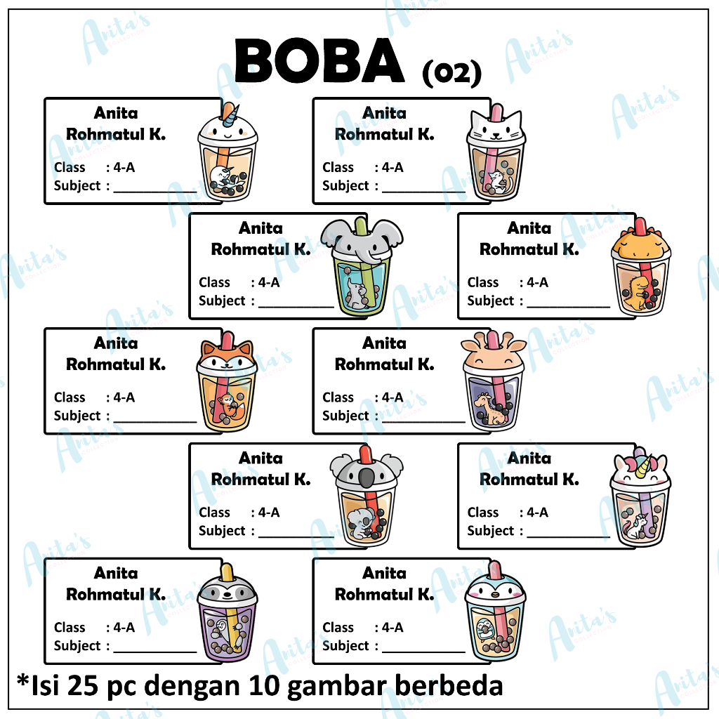

25pc STIKER NAMA BUKU PELAJARAN ANAK SEKOLAH tema BOBA 02 | size S / 5x3 cm | CUSTOM