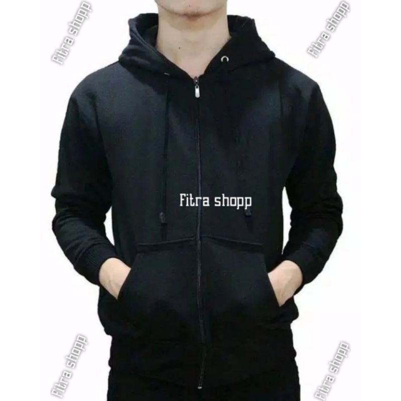 Jaket Zipper Hoodie polos pria wanita polos resleting Hitam