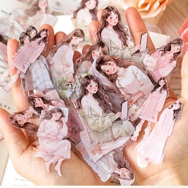 

4 pcs Korean girl aesthetic couple sticker for journaling scrapbook PET anti air