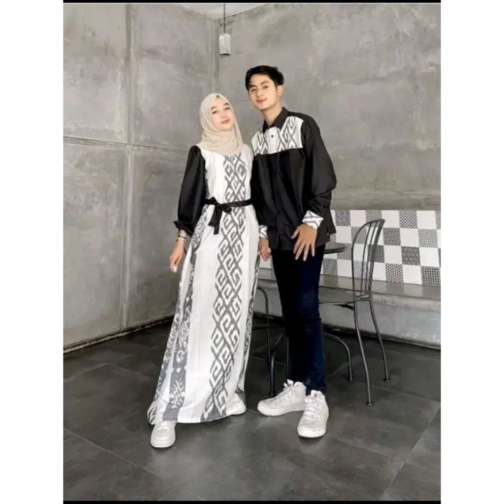 Gamis Couple Tenun Kondangan Prewedding Ikat Toraja White - Couple Ethnic Sumbawa - Busana Couple Te