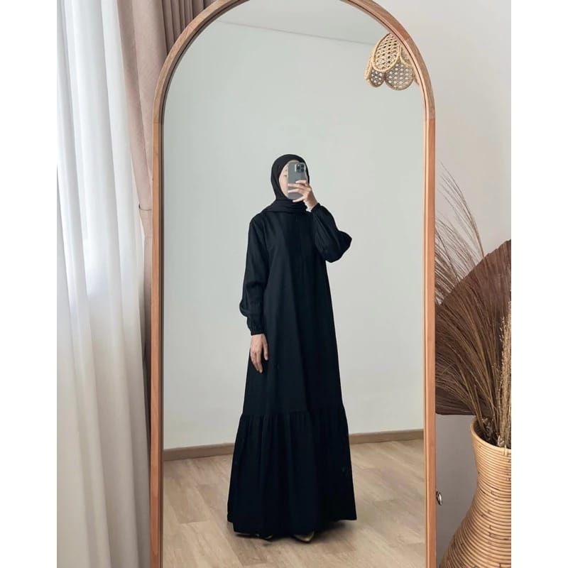 gamis muslim abaya black series / dress muslim polos hitam linen terbaru kekinian busui friendly