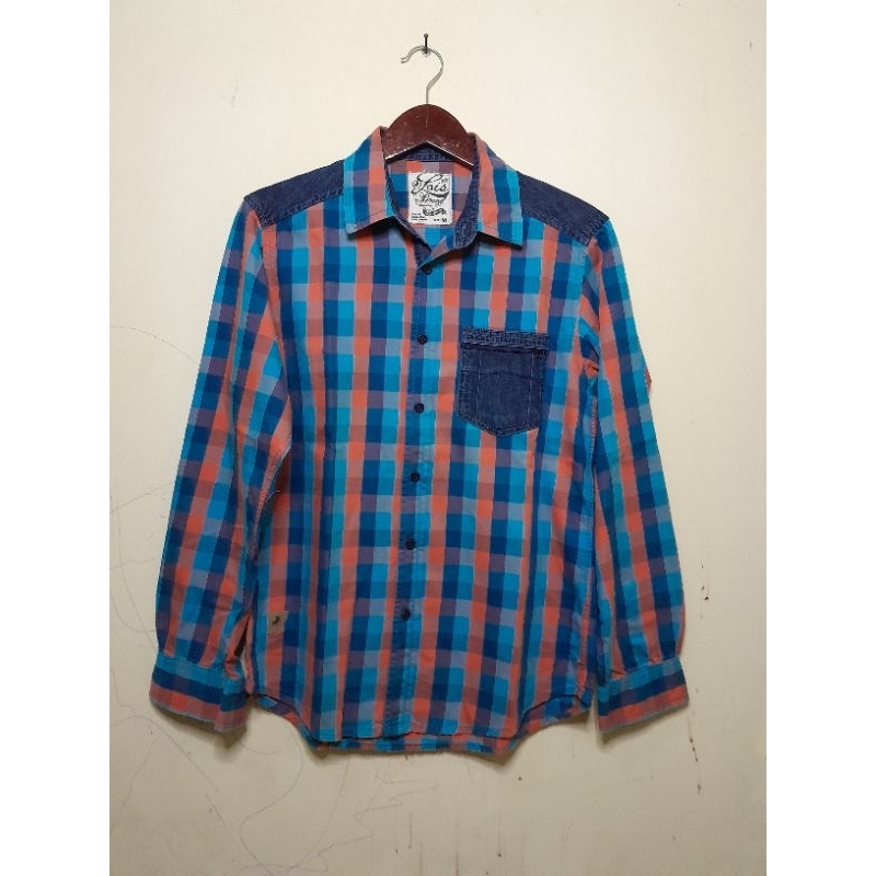 Kemeja Lois>Kombinasi Jeans Kotak Biru Orange