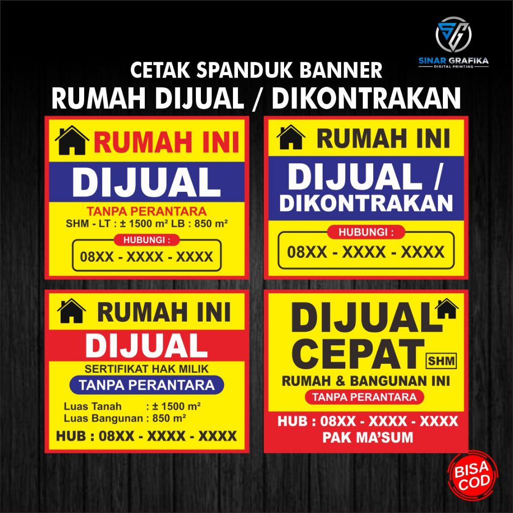 Spanduk Banner Rumah Dijual / Ruko Dikontrakan / Rumah Dikontrakan  /Bisa Request Desain & Ukuran