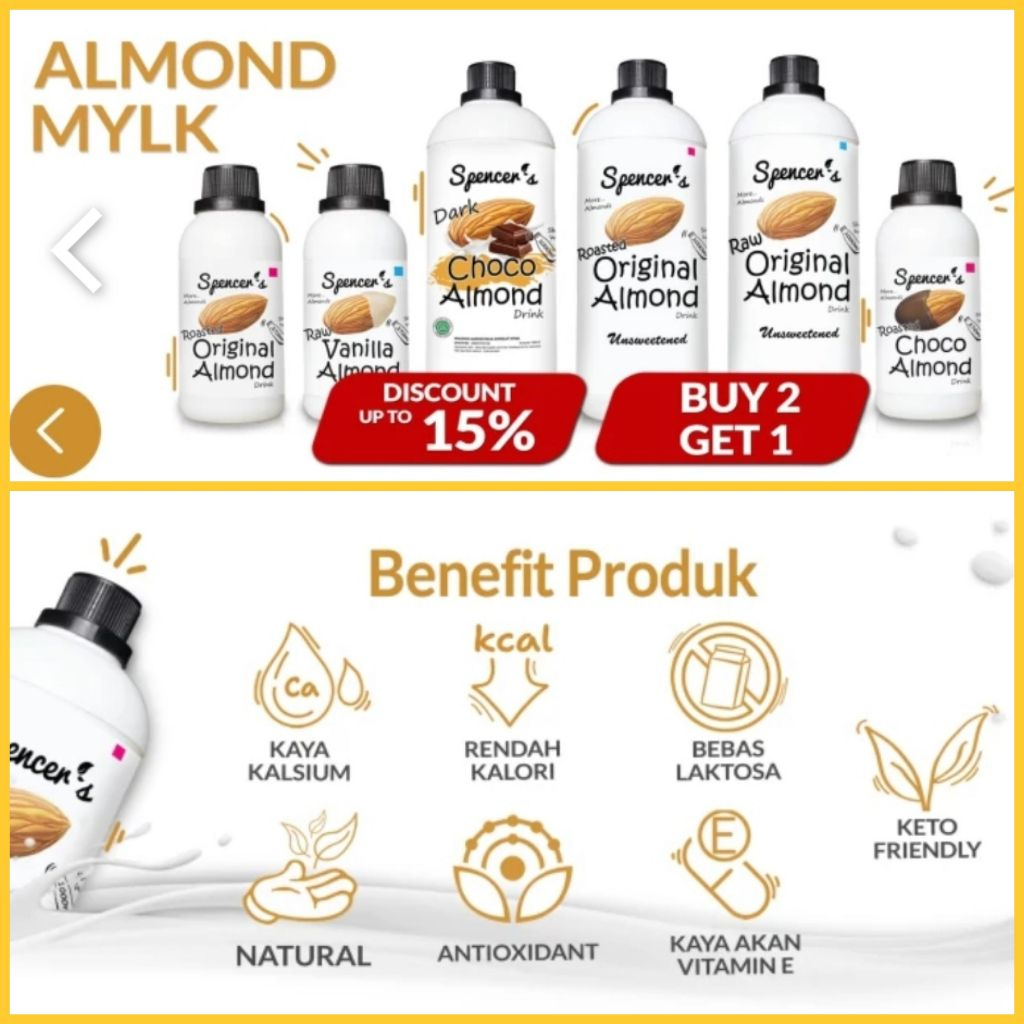 

PROMO BAYAR 2 BOTOL DAPET 3 BOTOL !!! SPENCERS ALMOND MYLK / PREMIUM CALIFORNIAN ALMOND 1LT / BAGUS UNTUK KESEHATAN, MENDUKUNG PROGRAM DIET, BAGUS UNTUK ASI BOOSTER DAN BANYAK MANFAAT LAINNYA