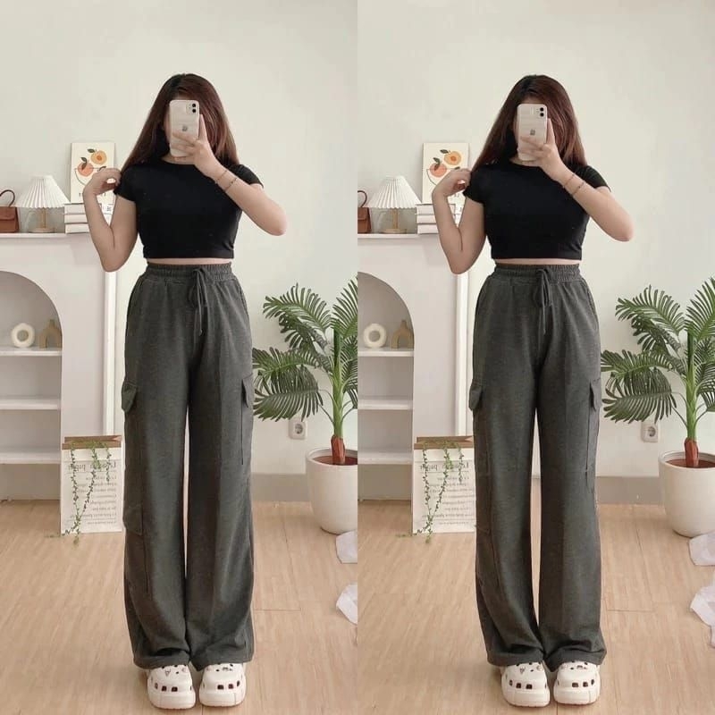 CELANA KULOT KARGO BAWAHAN WANITA CELANA KANCING SAMPING BAHAN SCUBA MURAH