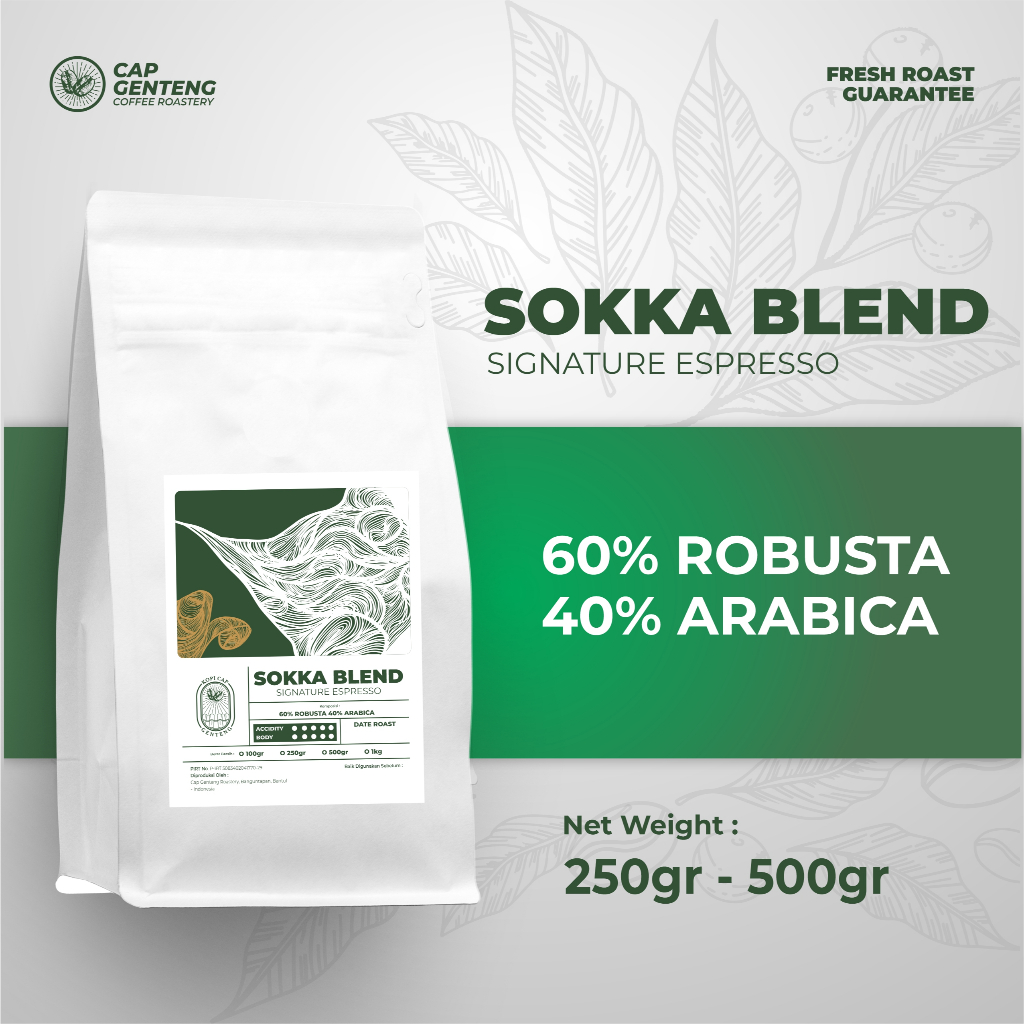 

SOKKA HOUSE BLEND 60% ROBUSTA 40% ARABIKA (BIJI/BUBUK KOPI) - CAP GENTENG