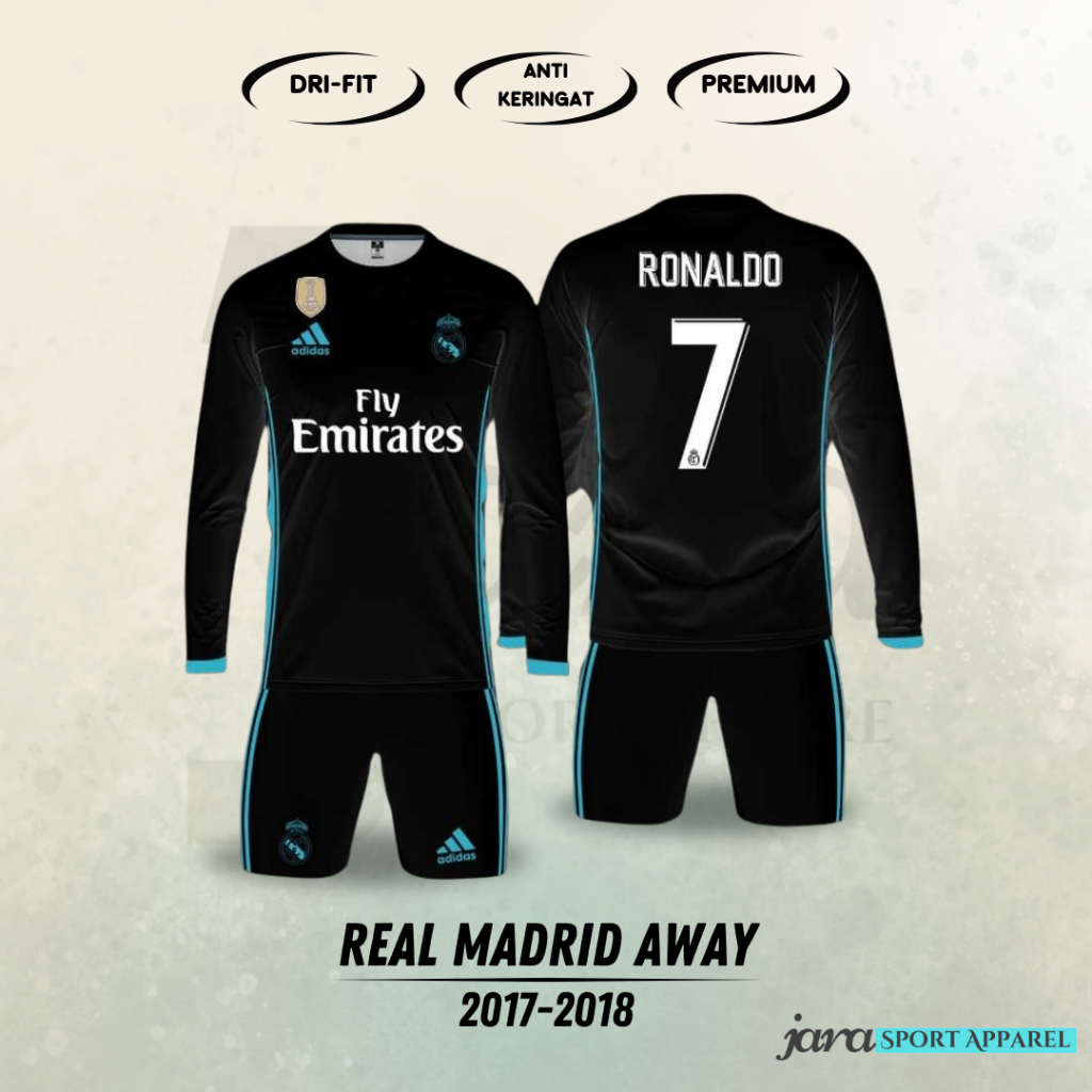 Jersey REAL MADRID AWAY  2017-2018 Lengan Panjang Free Custom Nama RONALDO Desain Full Printing