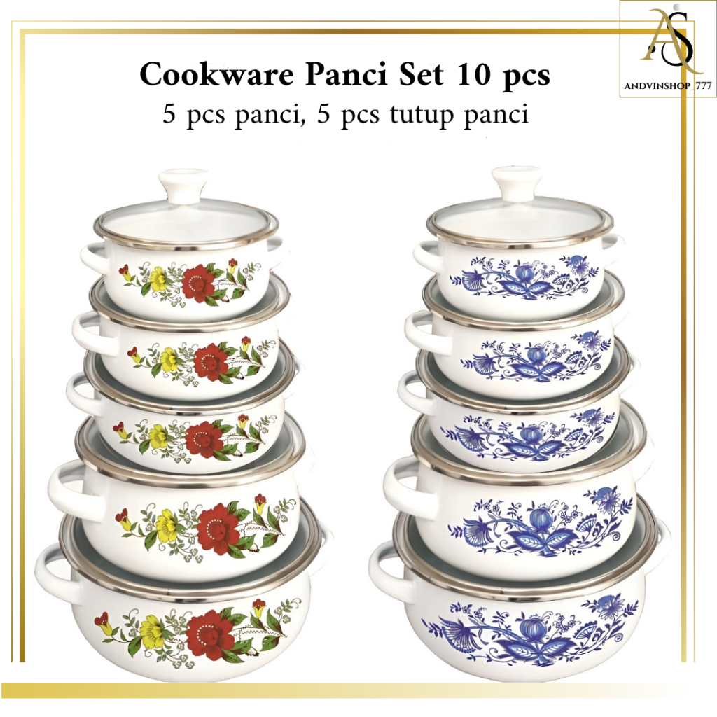 CUCI GUDANG Panci Set Enamel Kembang Susun 10pcs & 6pcs / Panci Susun 3 Enamel Tutup Kaca / Panci