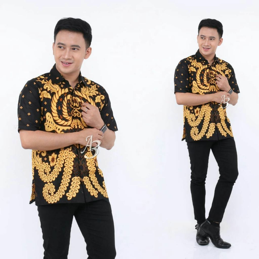 Hem Batik Pria - Motif Akar Bunga - Warna Hitam Kuning